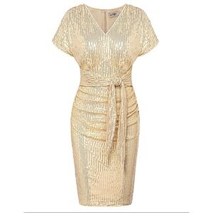 NWT Grace Karin Sparkling Sequin Wrap Dress Gold V Party Dress fits 18 tagged 2x